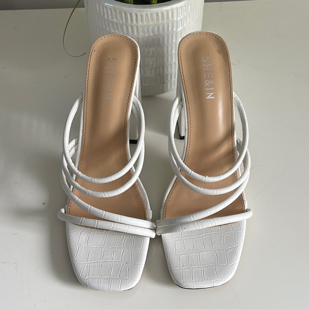 White strappy block heels, worn twice, size 8